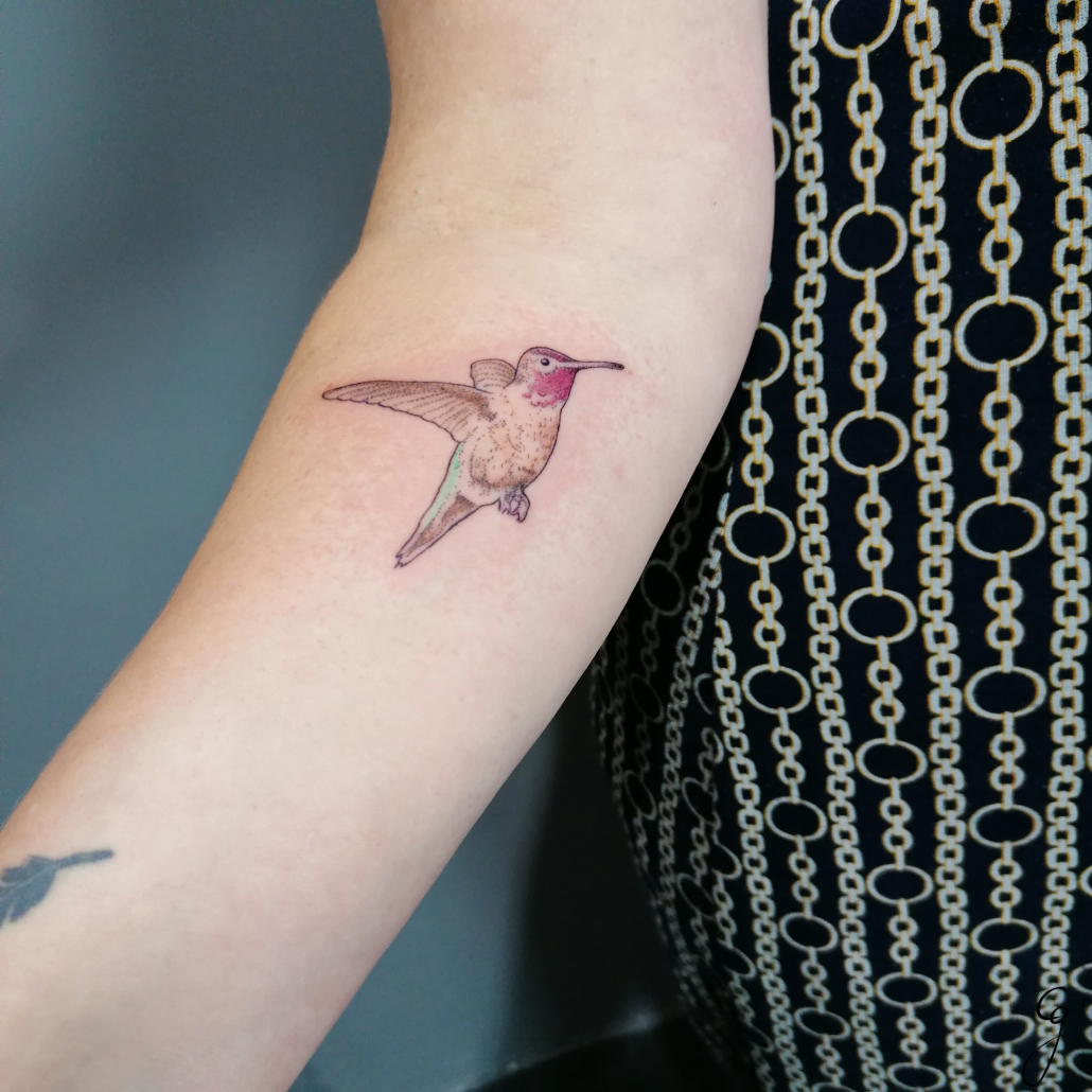 LED Series Hummingbird fine line dotwork tattoo by artist Cesarina Gretha (Sanne Bosscher)