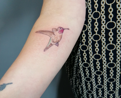 LED Series Hummingbird fine line dotwork tattoo by artist Cesarina Gretha (Sanne Bosscher)
