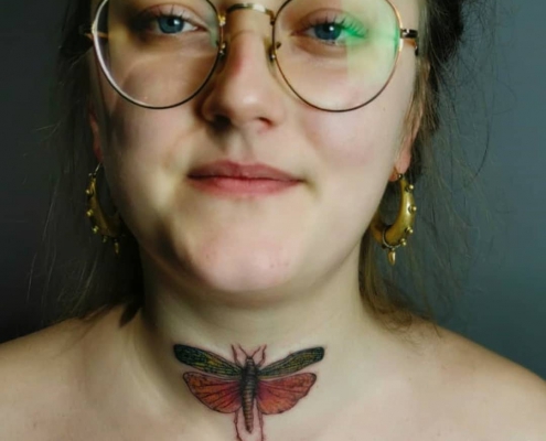 LED Insect Series Grasshopper fine line dotwork tattoo by artist Cesarina Gretha (Sanne Bosscher)