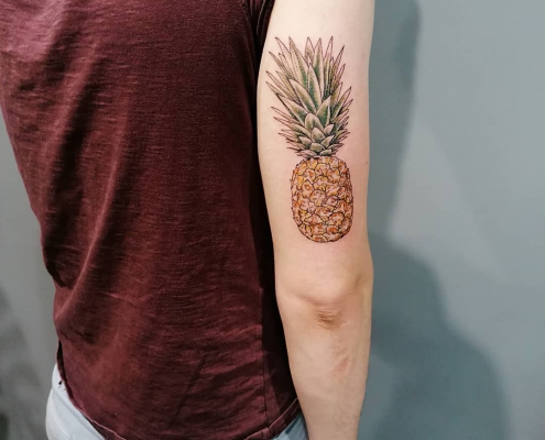 LED Fruit Series Pineapple fine line dotwork tattoo by artist Cesarina Gretha (Sanne Bosscher)