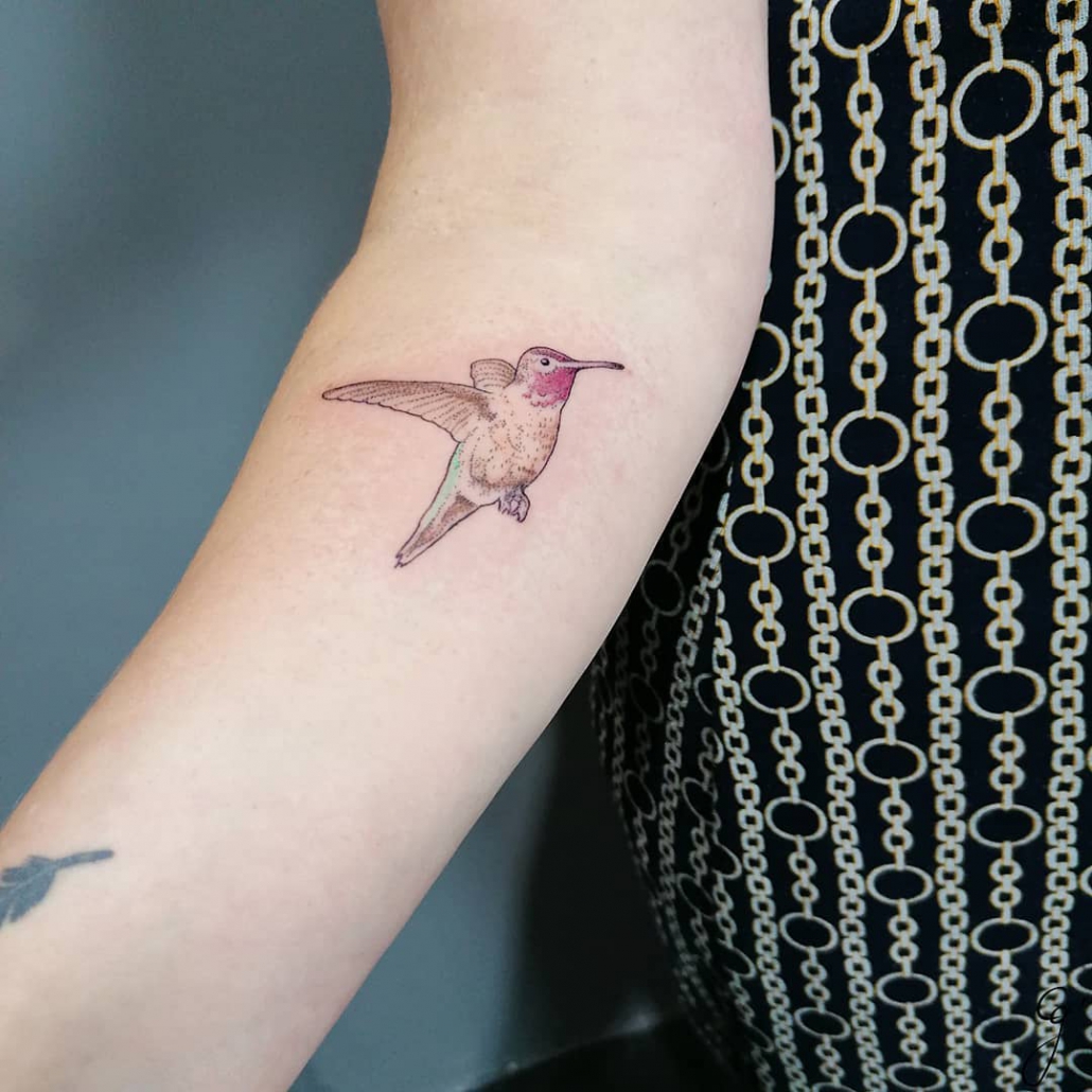 Custom Hummingbird fine line dotwork tattoo