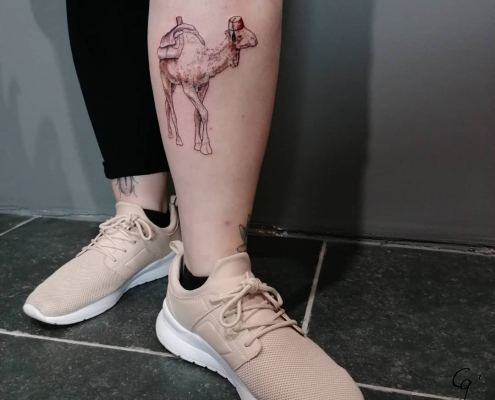 LED Travel Series Egypt Camel fine line dotwork tattoo by artist Cesarina Gretha (Sanne Bosscher)