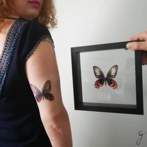 Butterfly fine line dotwork tattoo by artist Cesarina Gretha (Sanne Bosscher) collab museumwinkel